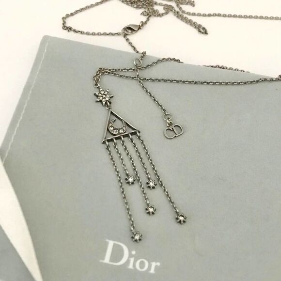 CHRISTIAN DIOR Silver Pendant Lariat Necklace MOON & STARS - Picture 7 of 13